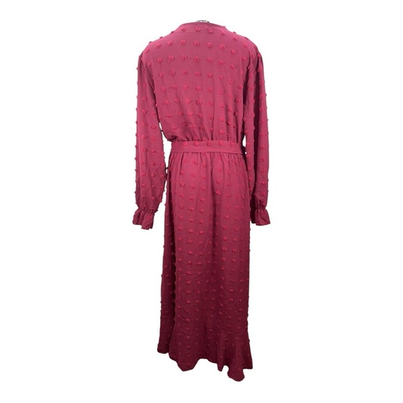 BTFBM Boho Maxi Dress XXL Burgundy Long Sleeve V-Neck Swiss Dot Ruffle Wrap New - Picture 7 of 14